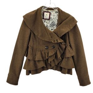 Elevenses Women's Wool Blend Shawl Neck Ruffled Coat Size 2 Bronze Golden Brown